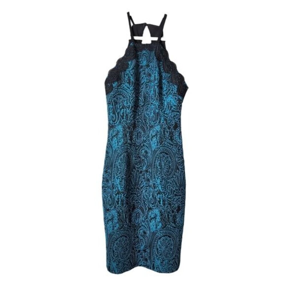TRINA TURK Sheath Cocktail Dress Halter Neckline Lace‎ brocade NEW teal black 2